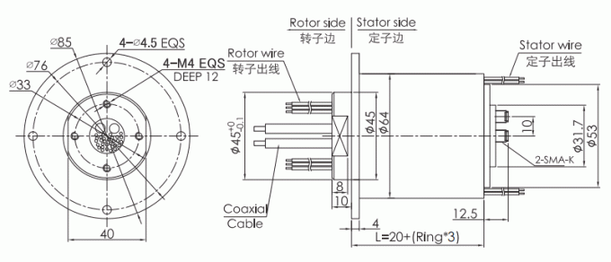 hf0218-64 desenho comum giratório de alta frequência de duplo canal do anel deslizante dos anéis coletores 18GHz da série da série HF0218-64